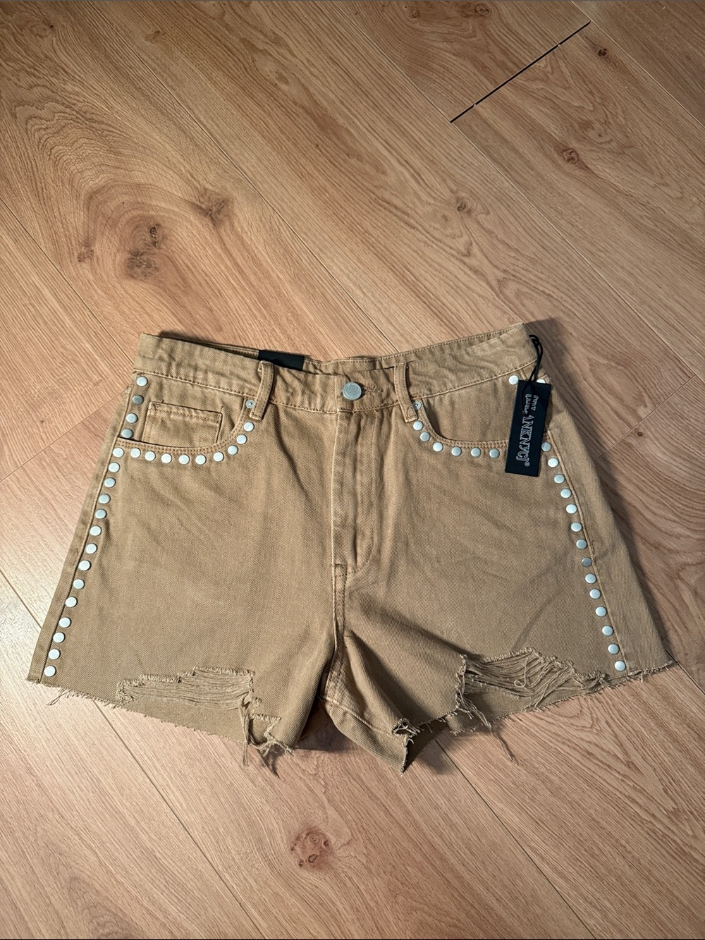 Blank NYC Tan Studded Distressed Denim Shorts